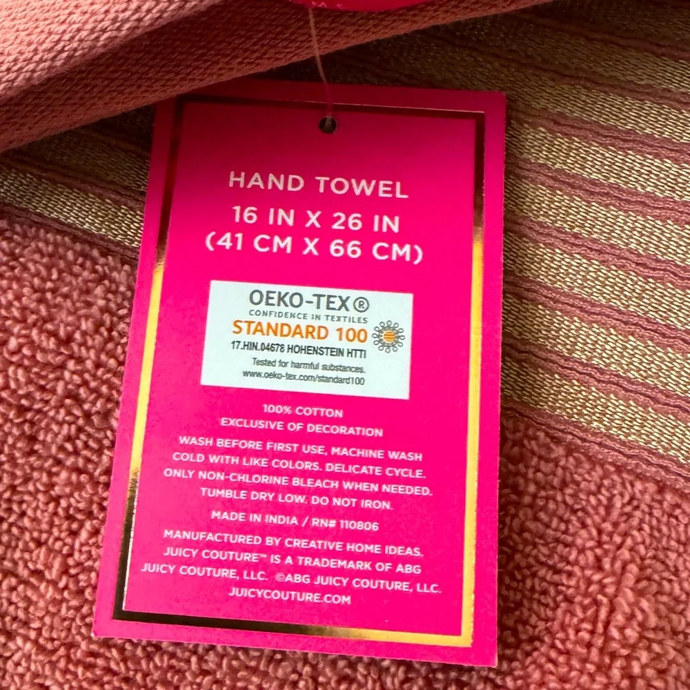 Plush Bath Towel Set by Juicy Couture Home - Coral with Gold Striped Border